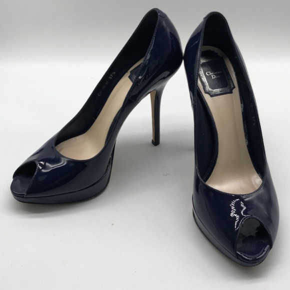 Christian Dior 'Miss Dior' Navy Patent Leather Peep Toe Platform Pump sz 37.5 - Picture 1 of 5